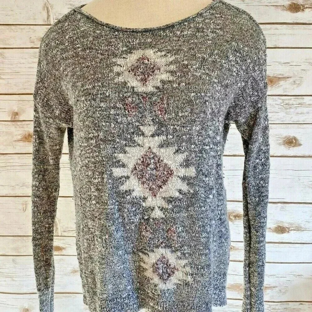 HOLLISTER Women Long Sleeve Pull-Over Boat Neck Gray White Sweater Size Small